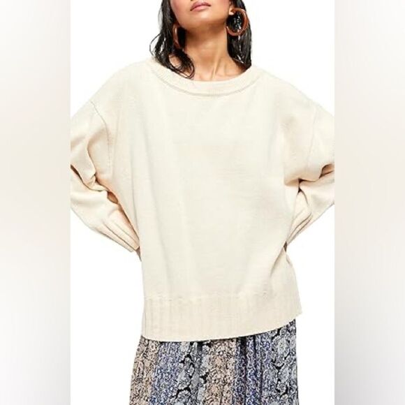 Free People | Oversized Ribbed High Crew Neck Long Sleeved Drop Shoulder Sweater - Picture 1 of 4
